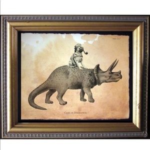 Pug Dog Riding Dinosaur Wall Art Print Tea Stained